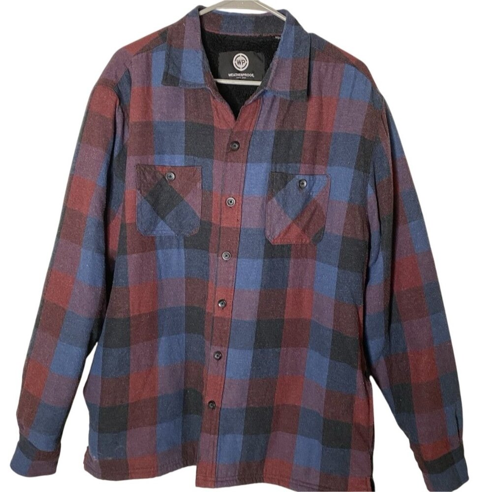 Weatherproof Men's XL Shirt Jacket Shacket Sherpa Fleece Lined Blue Red Plaid